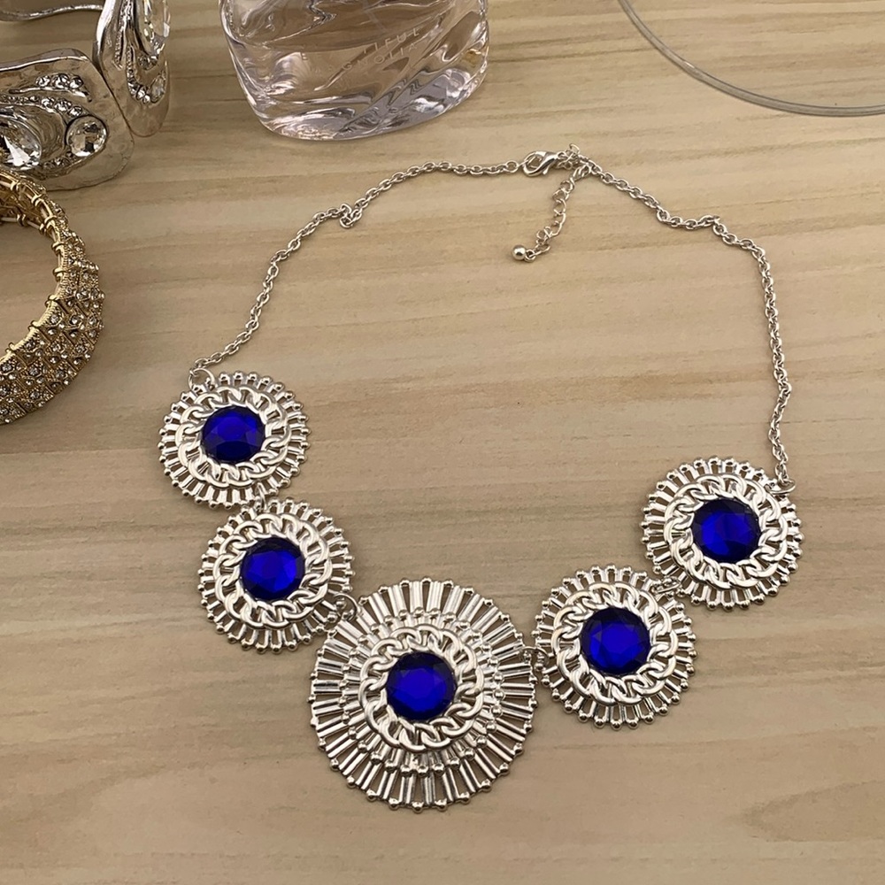 Royal Blue Faceted Rhinestone Silver Tone Sun Ray Disc Bib Collar Necklace